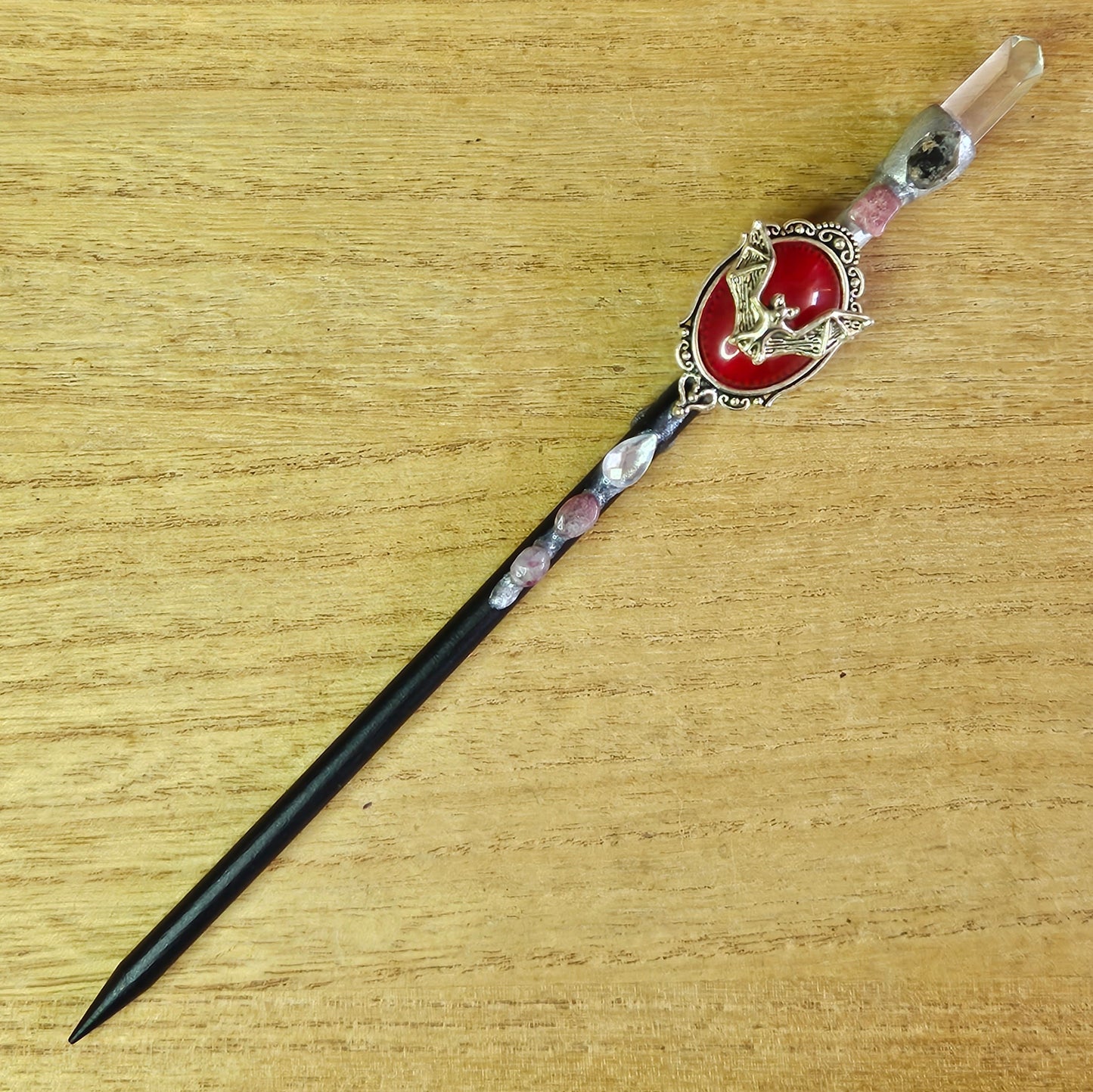 Black Bat Wand. Clear Quartz.