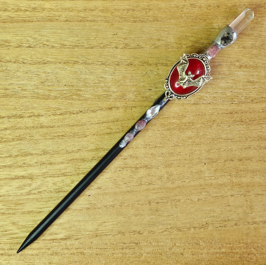 Black Bat Wand. Clear Quartz.