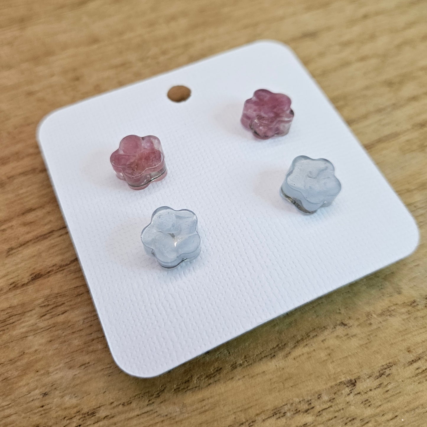 Resin Flower Stud Set. Angelite and Pink Tourmaline.