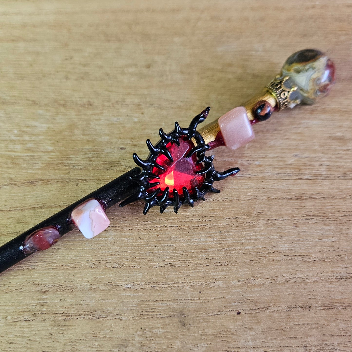 Black and Gold Spiked Heart Wand. Crazy Lace Agate.