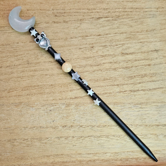 Black Moon Owl Wand. Silver Cats Eye.
