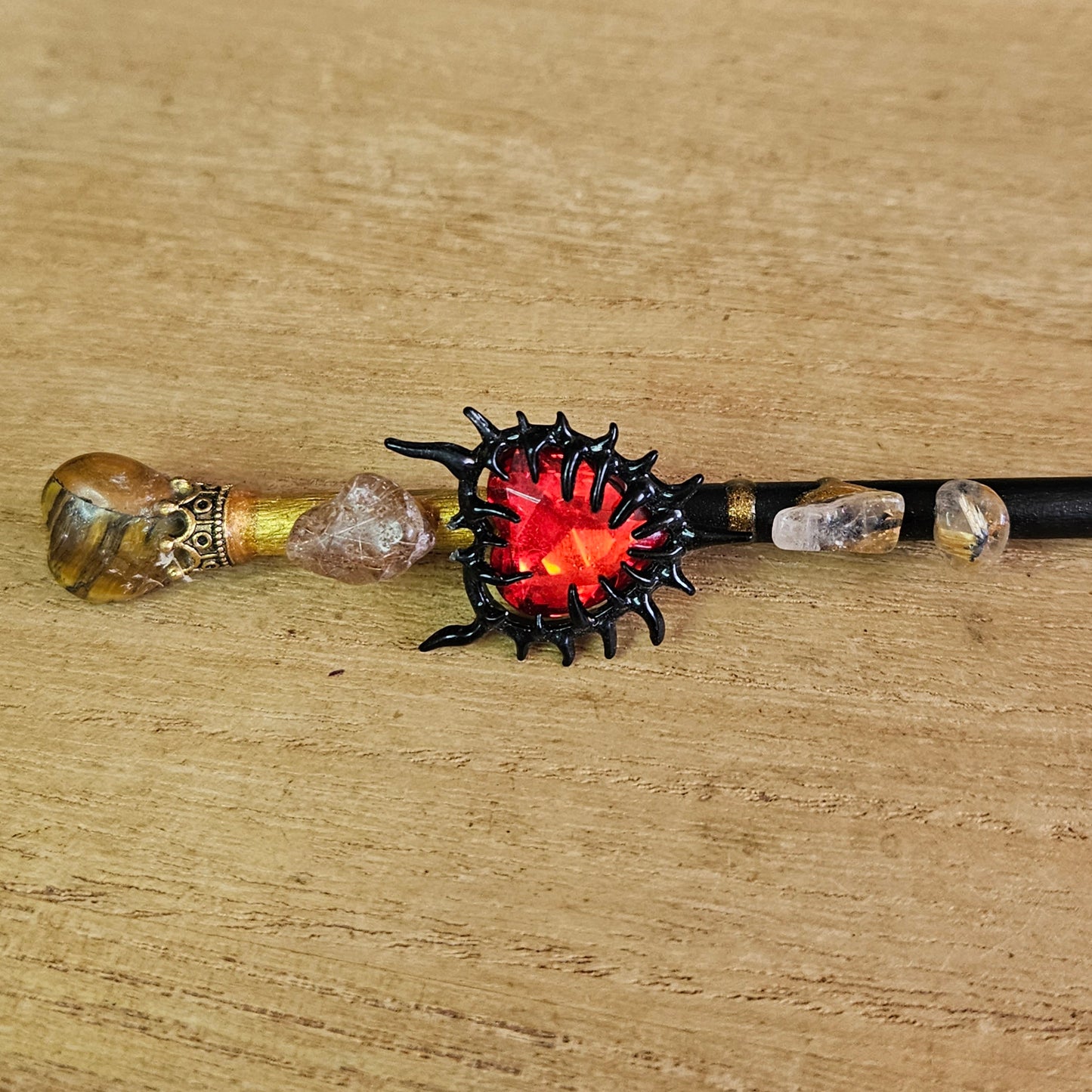 Black and Gold Spiked Heart Wand. Tiger's Eye.