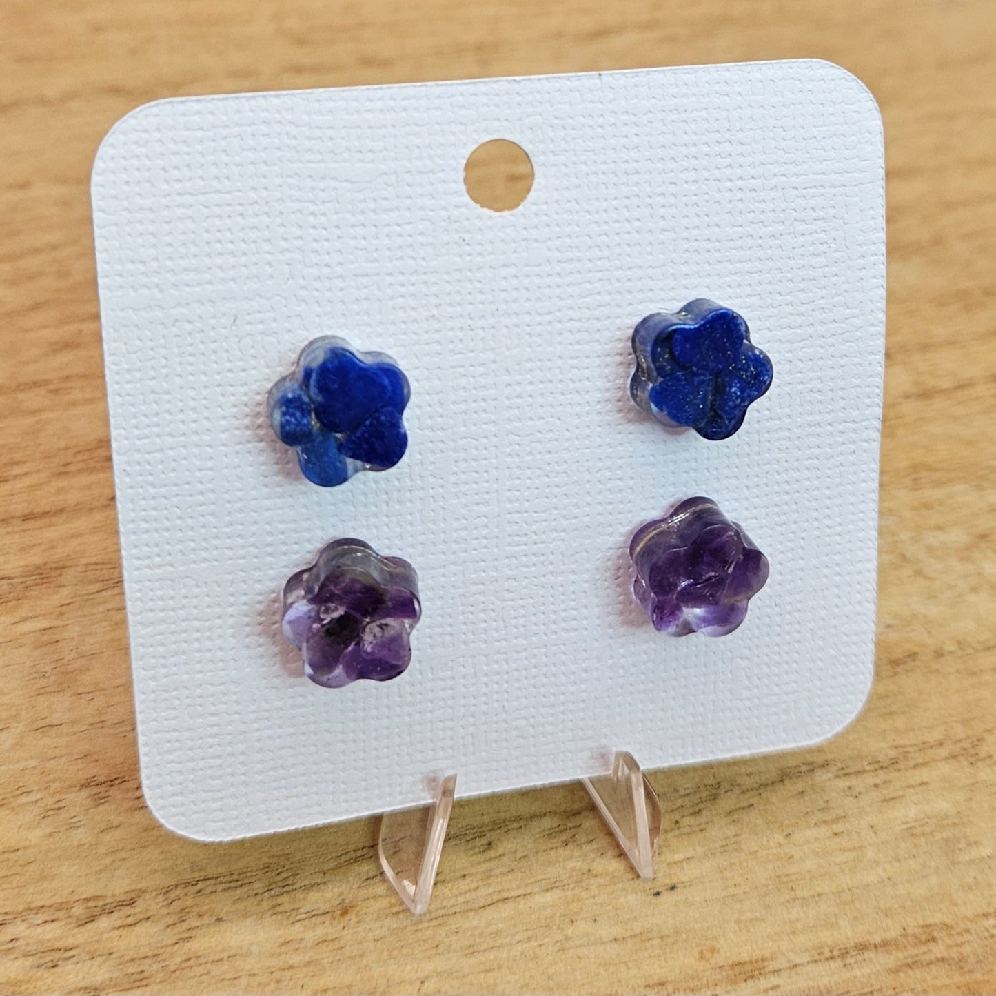 Resin Flower Stud Set. Lapis and Amethyst.