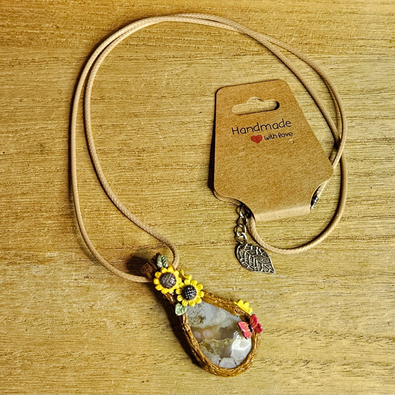 Handmade Flower Agate Butterfly & Sunflower Pendant.