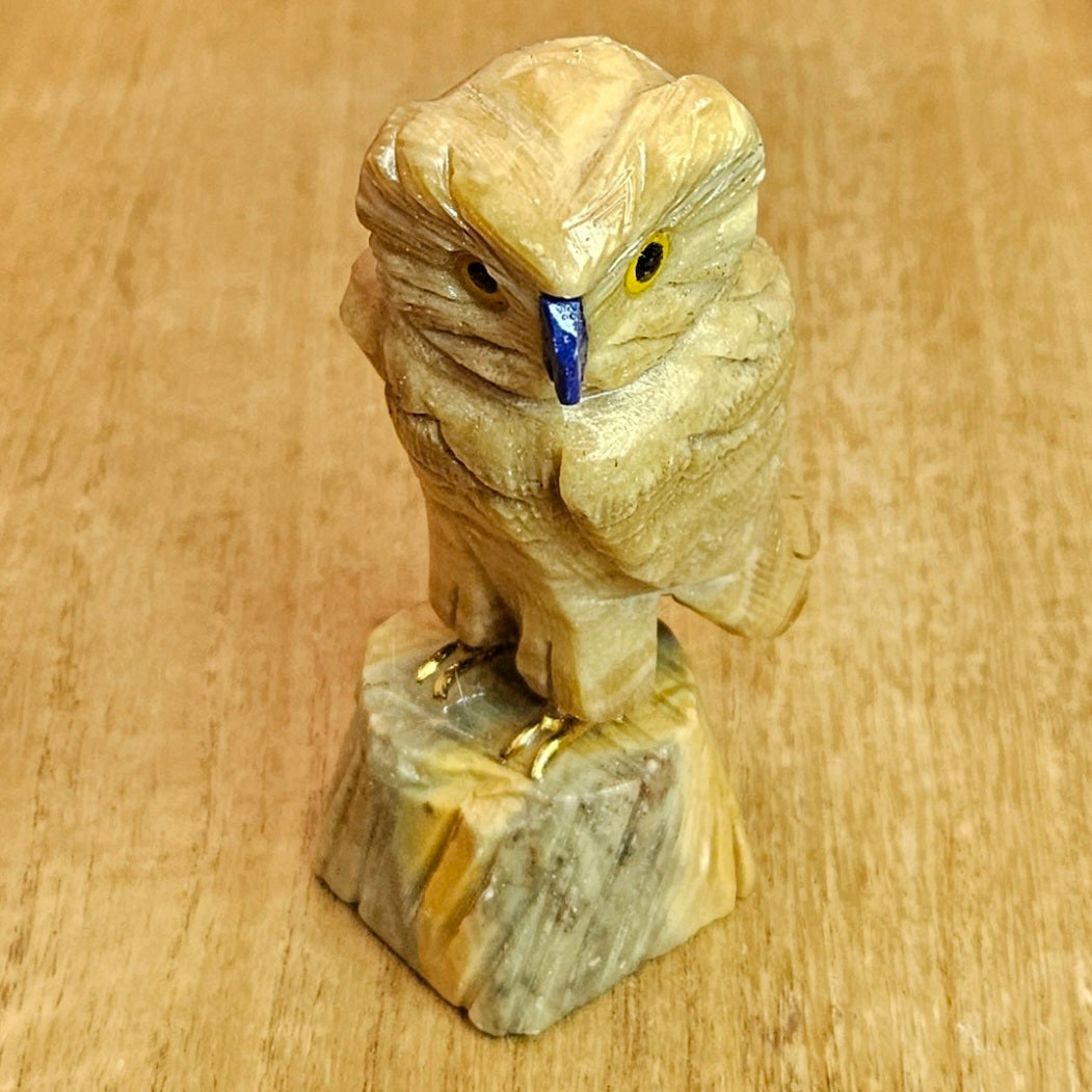 Yellow Banded Calcite Owl Carving.