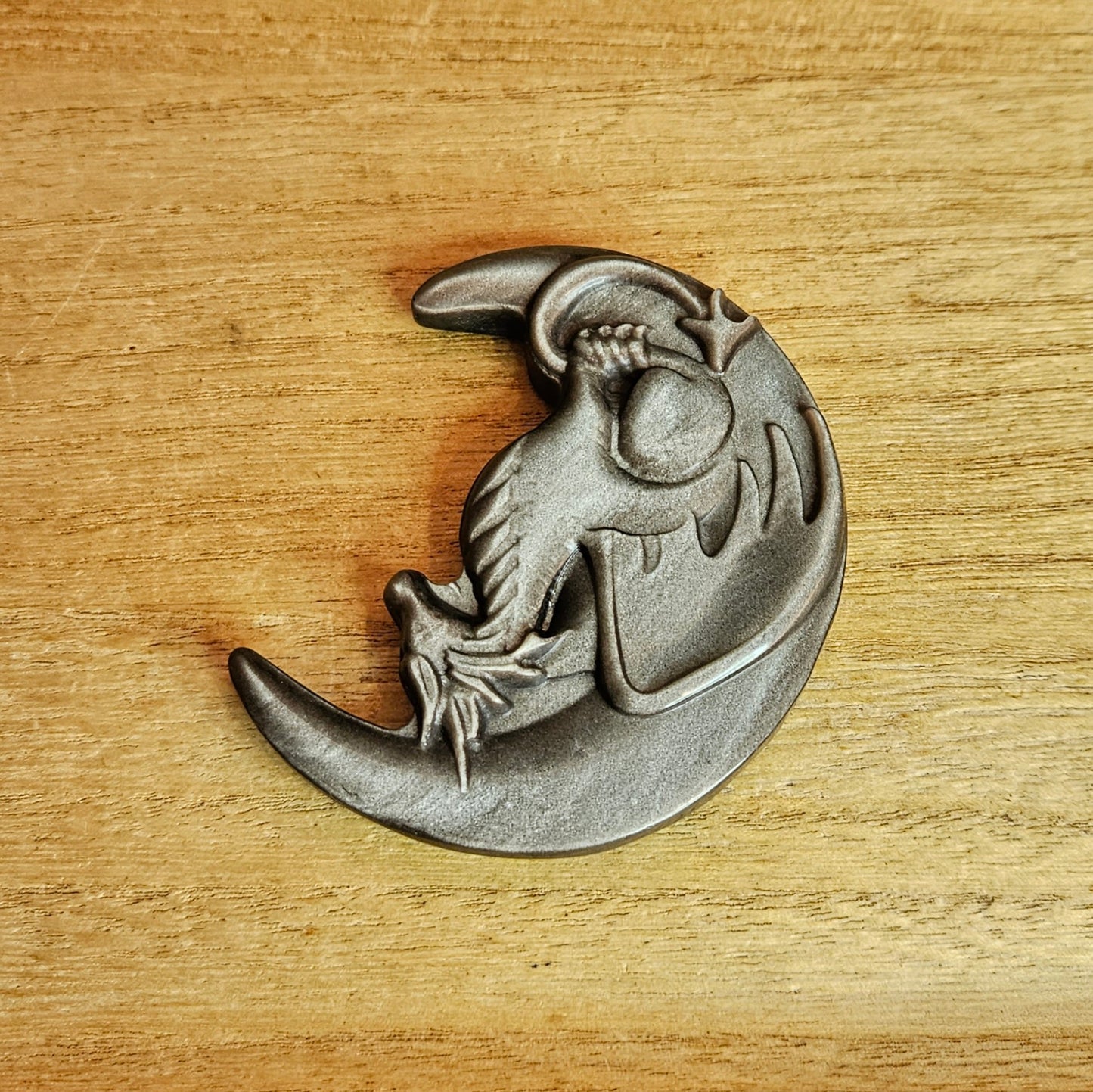 Silver Sheen Obsidian Moon Dragon Flat Carving.