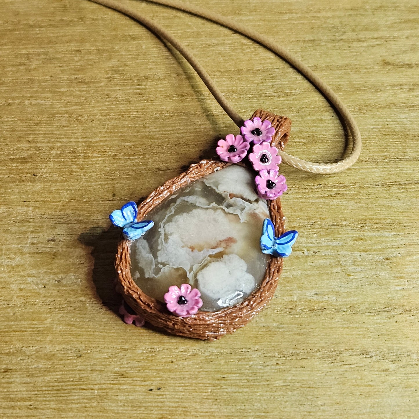 Handmade Flower Agate Butterfly & Cherry Blossom Pendant.