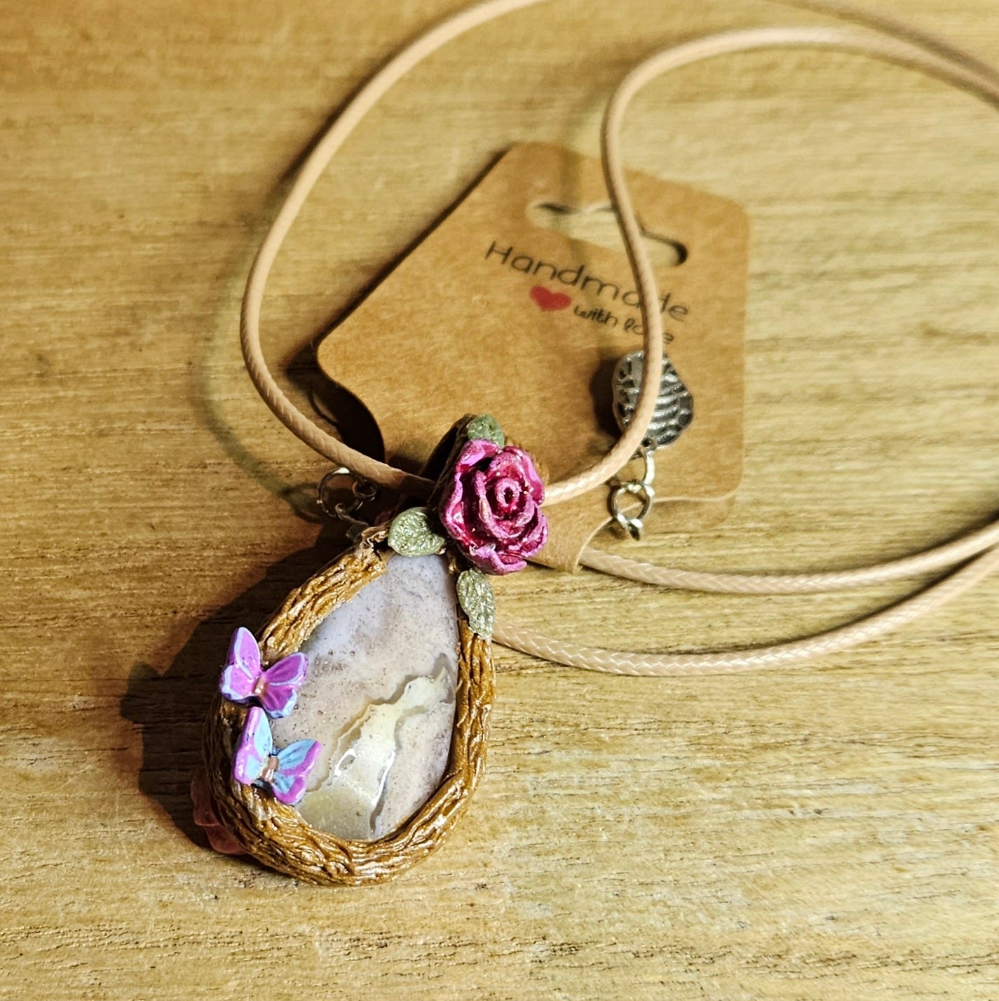 Handmade Flower Agate Butterfly & Roses Pendant.