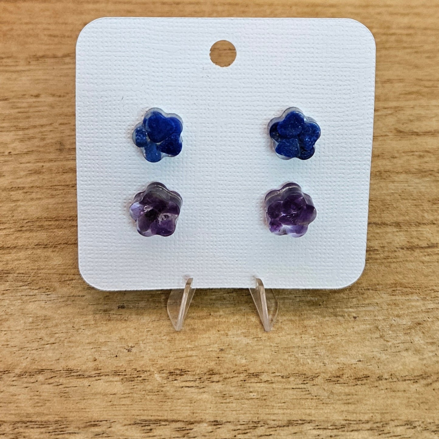 Resin Flower Stud Set. Lapis and Amethyst.