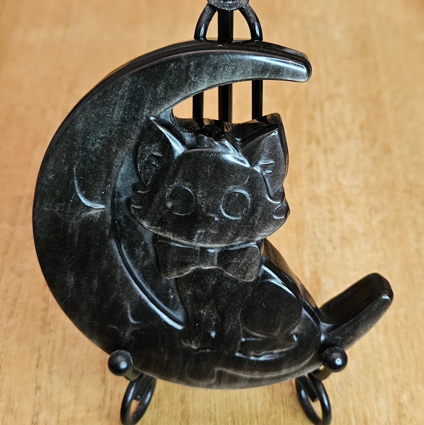 Silver Sheen Obsidian Cat Moon Flat Carving.