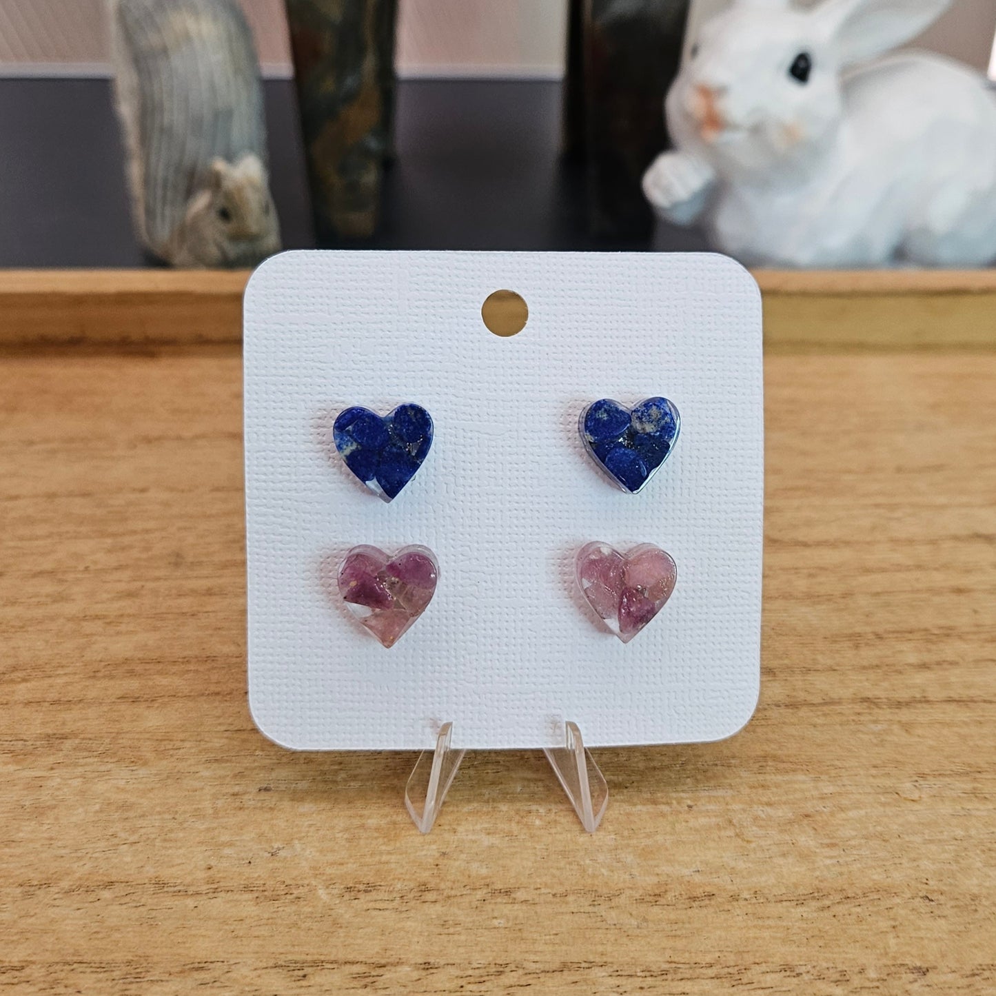 Resin Heart Flower Set. Lapis Lazuli and Pink Tourmaline.