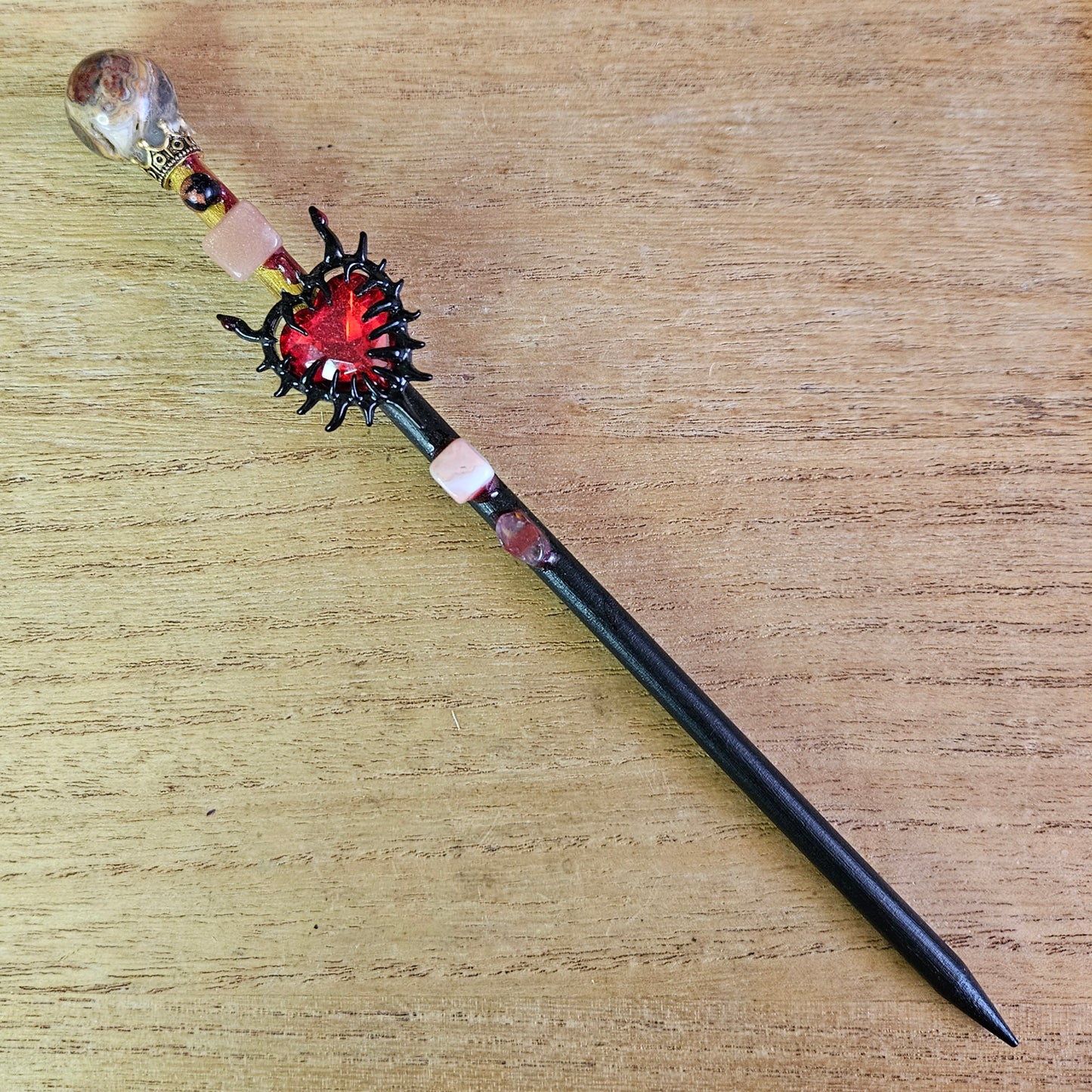 Black and Gold Spiked Heart Wand. Crazy Lace Agate.