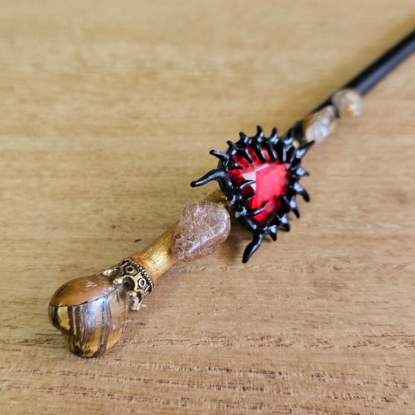 Black and Gold Spiked Heart Wand. Tiger's Eye.