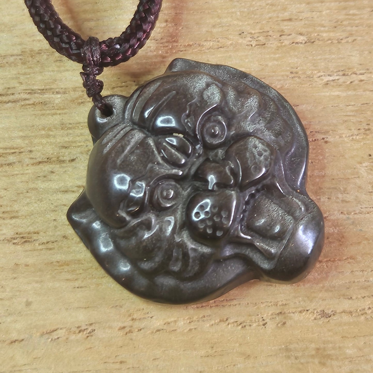 Silver Sheen Obsidian Tiger Pendant & Fabric Necklace.