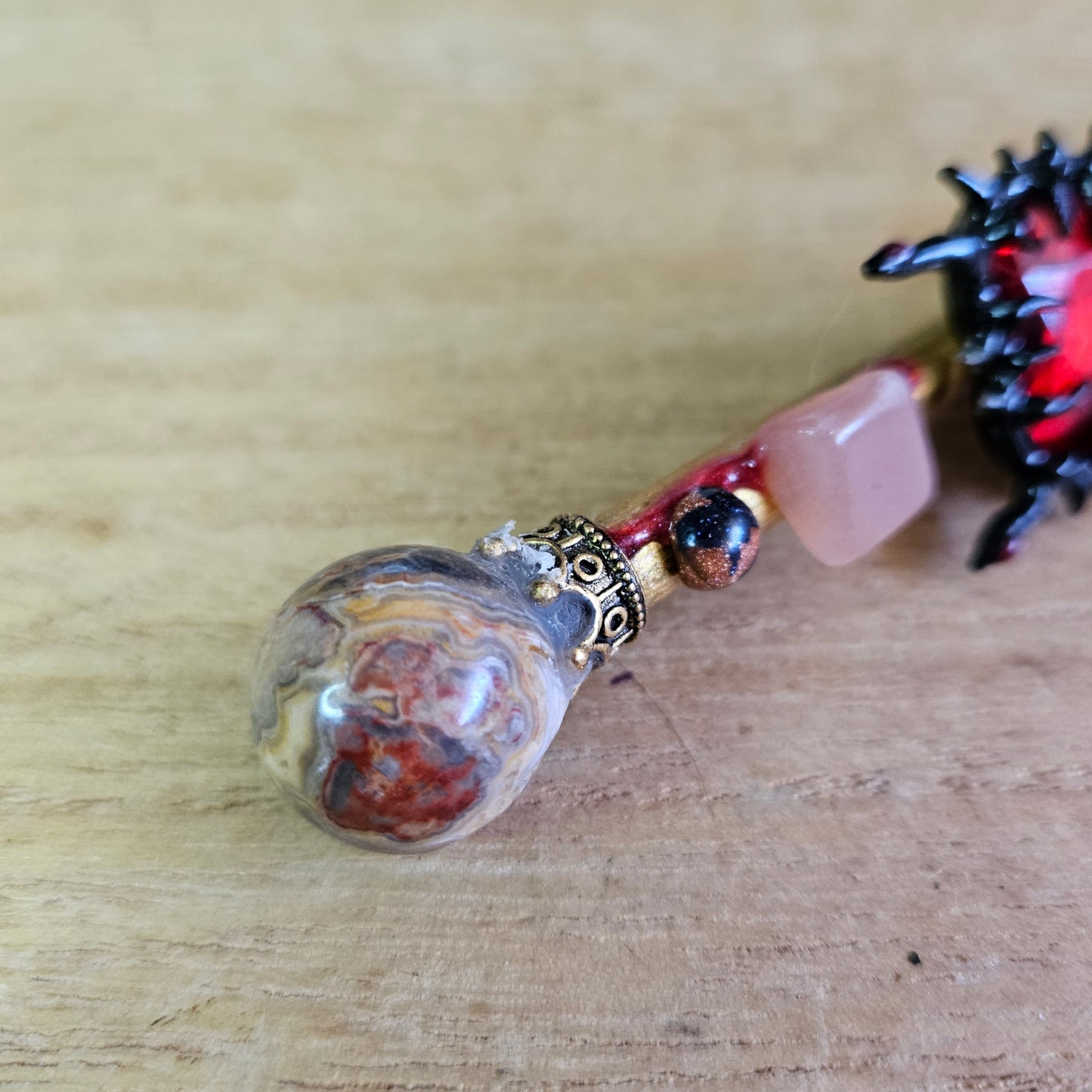 Black and Gold Spiked Heart Wand. Crazy Lace Agate.