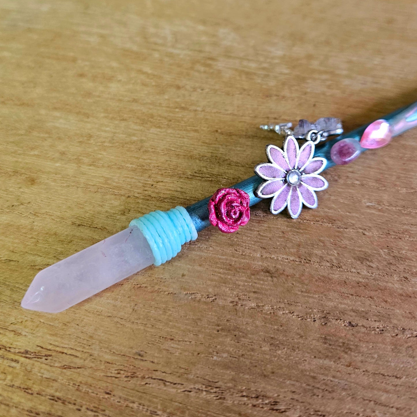 Green Butterfly & Flower Wand. Rose Quartz.