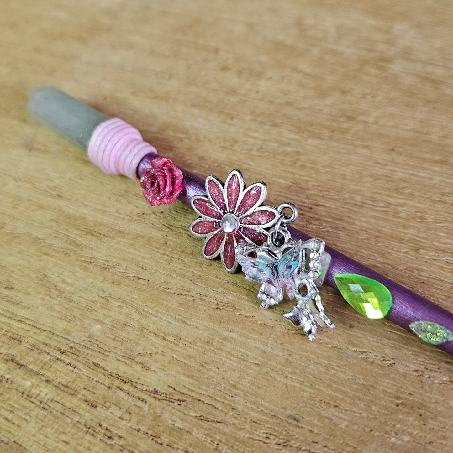 Pink Butterfly & Flower Wand. Green Aventurine.