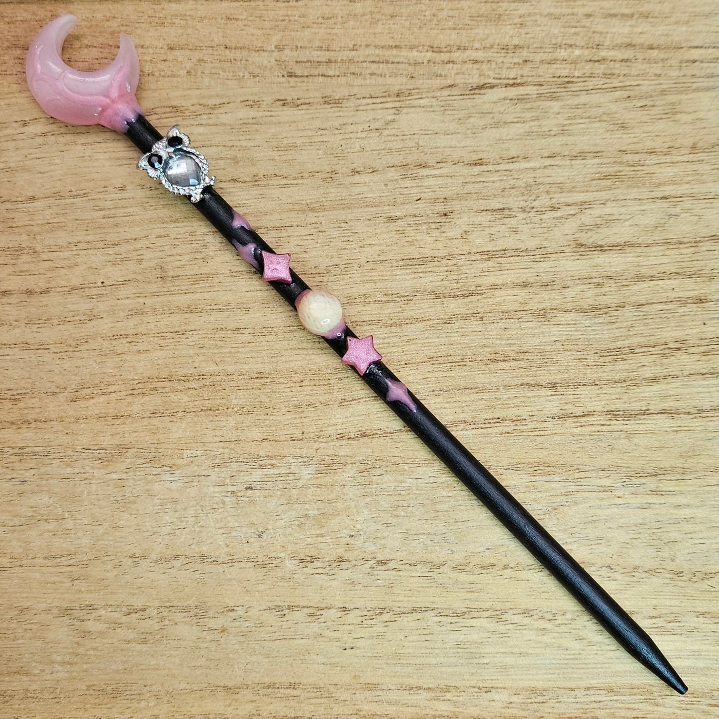 Black Moon Owl Wand. Pink Cats Eye.