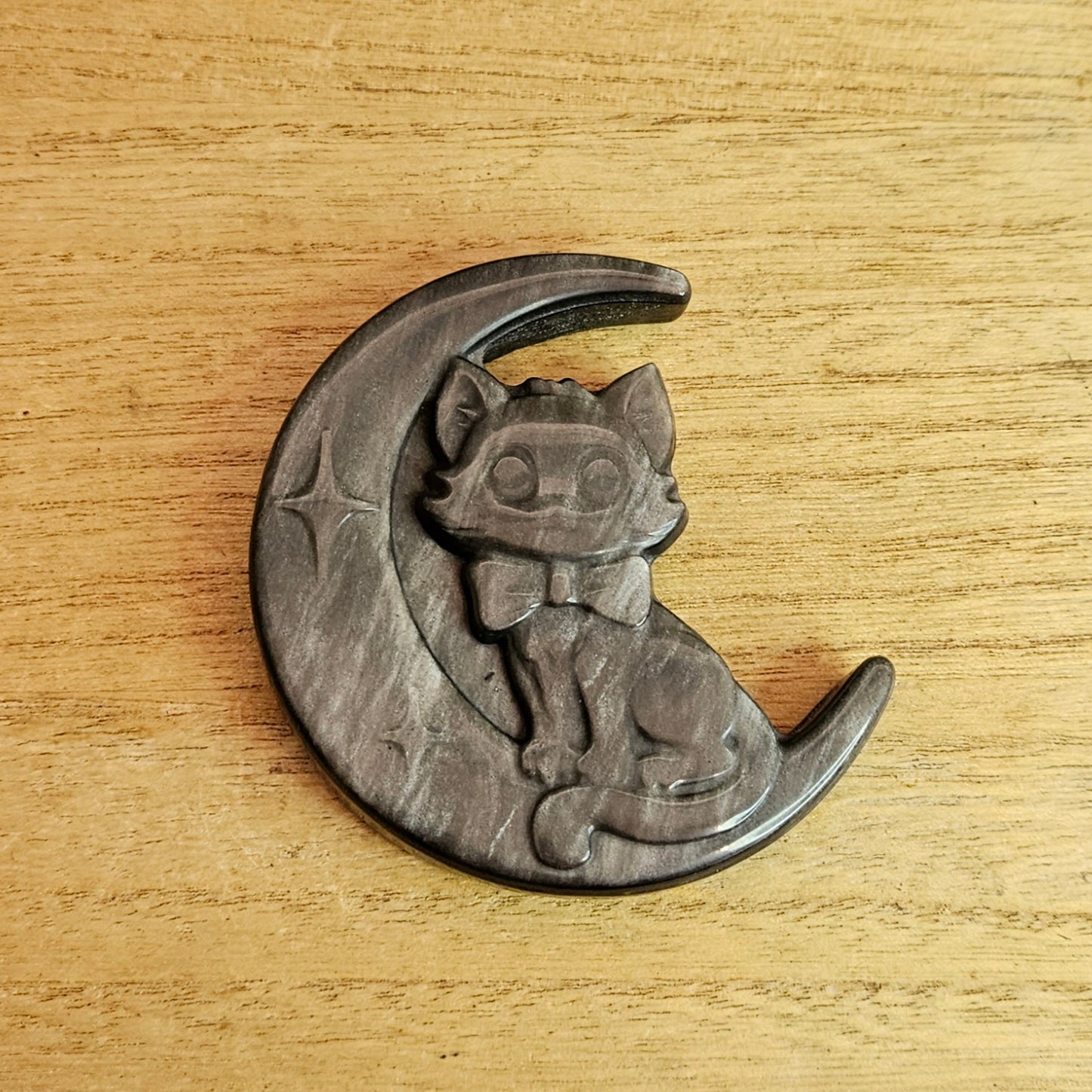 Silver Sheen Obsidian Cat Moon Flat Carving.