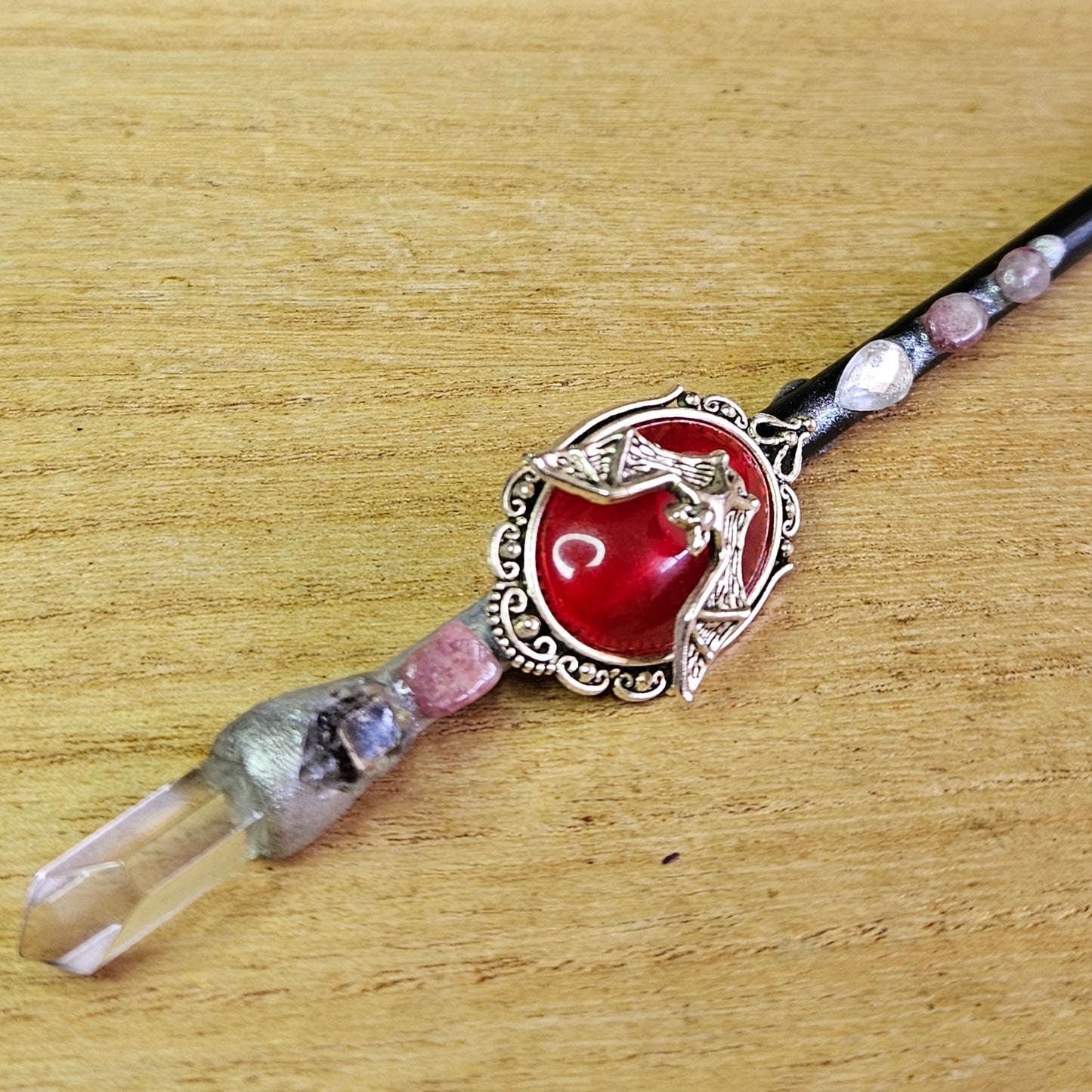 Black Bat Wand. Clear Quartz.