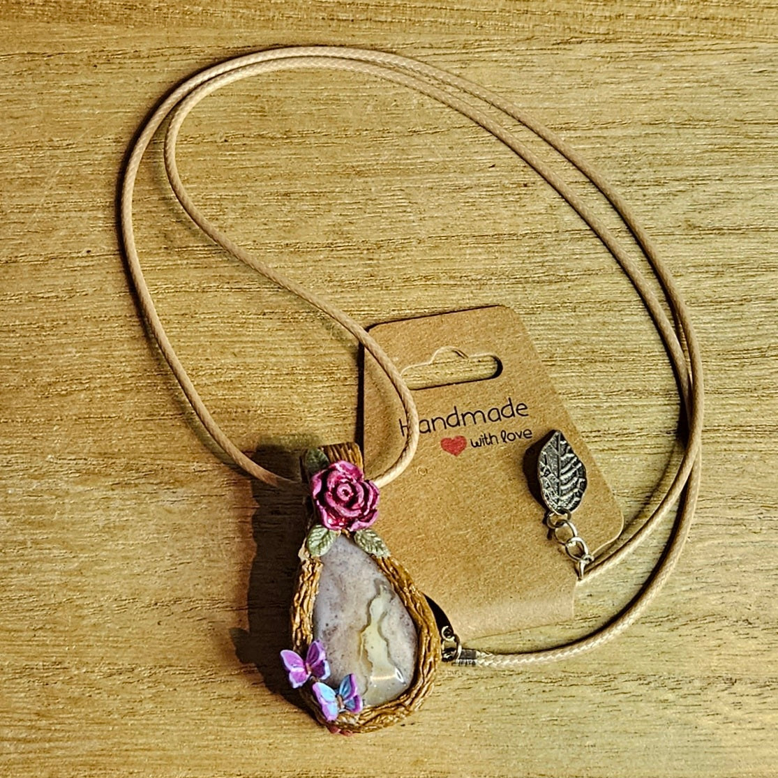Handmade Flower Agate Butterfly & Roses Pendant.