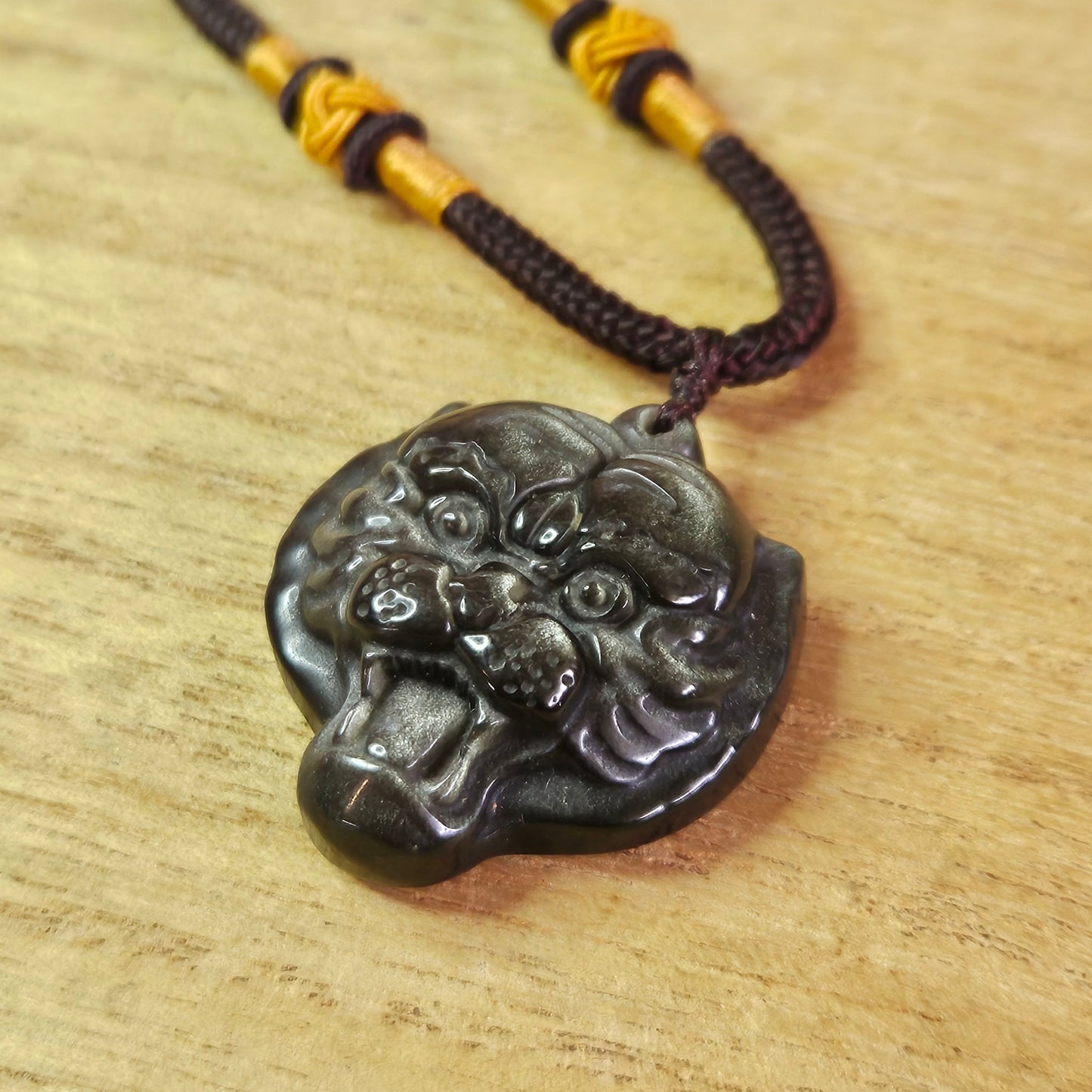 Silver Sheen Obsidian Tiger Pendant & Fabric Necklace.