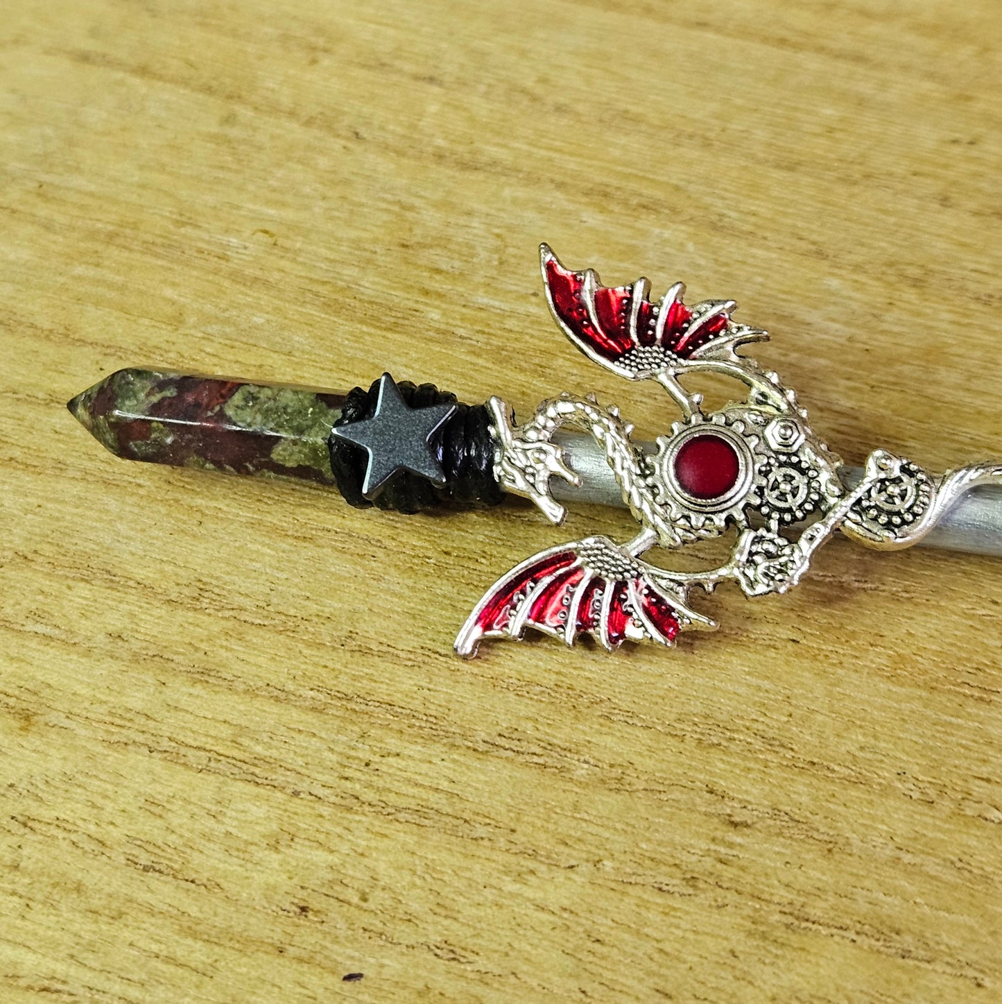 Silver Dragon Star Wand. Dragon's Blood Stone.