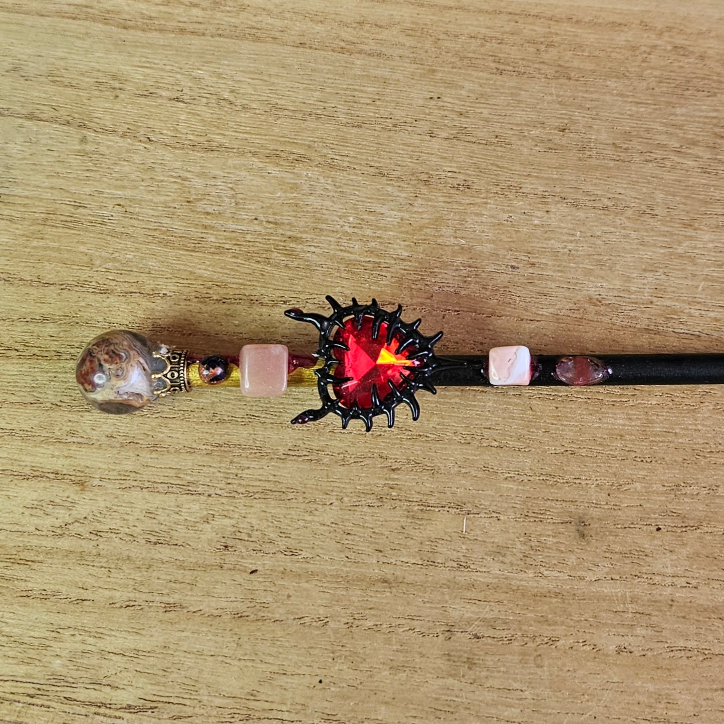 Black and Gold Spiked Heart Wand. Crazy Lace Agate.