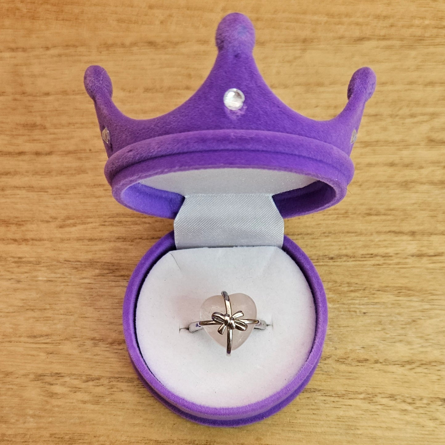 Rose Quartz Bow Heart Adjustable Ring.