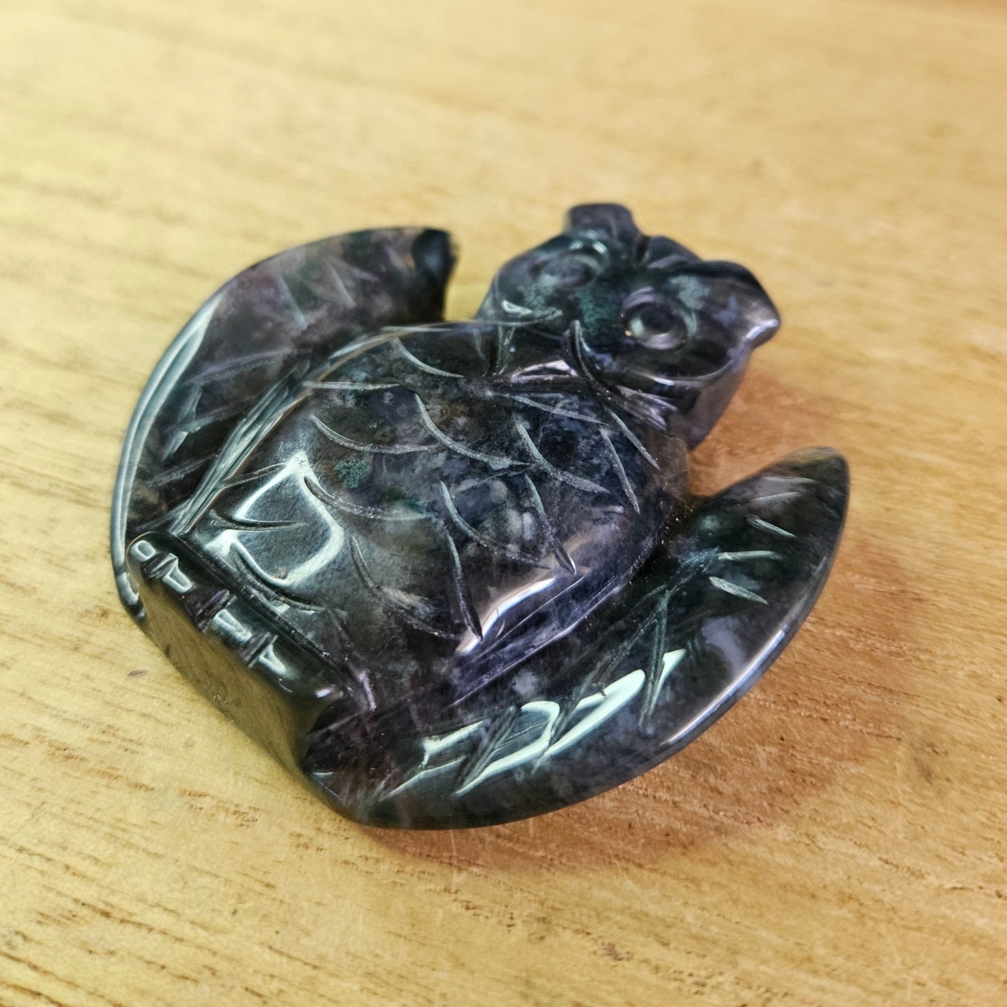 Moss Agate Owl Carving.
