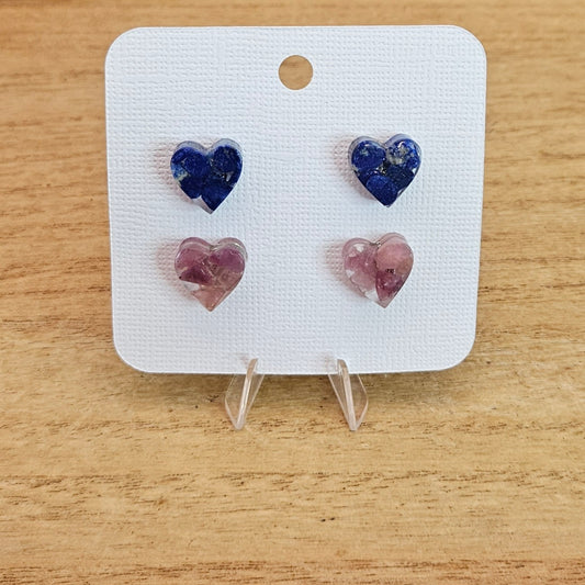 Resin Heart Flower Set. Lapis Lazuli and Pink Tourmaline.