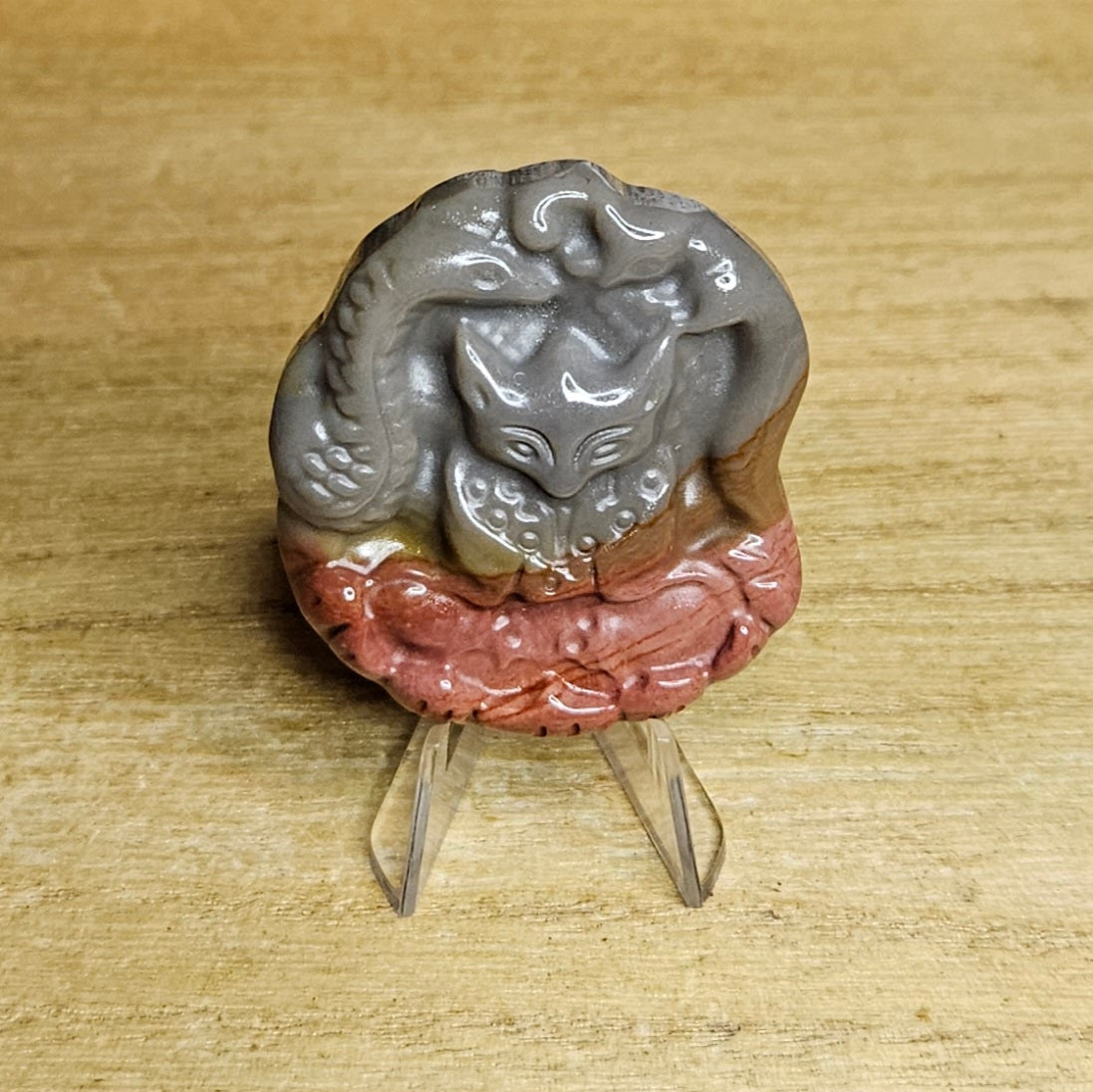 Polychrome Jasper Yoga Fox Flat Carving.