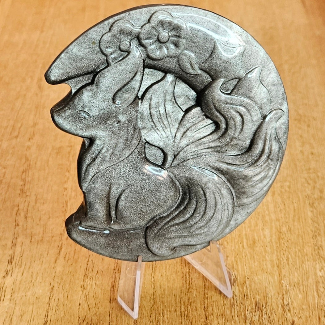 Silver Sheen Obsidian Moon Fox Flat Carving.