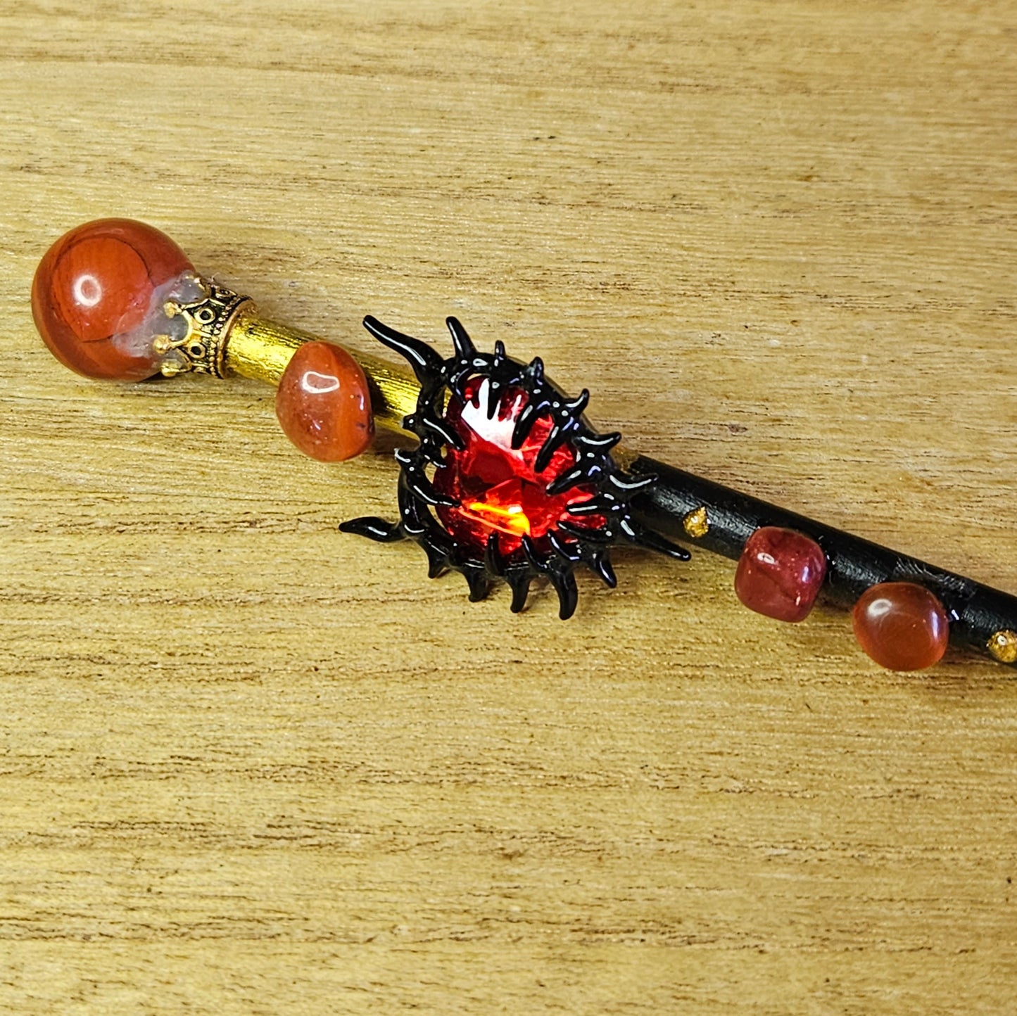 Black and Gold Spiked Heart Wand. Red Jasper.