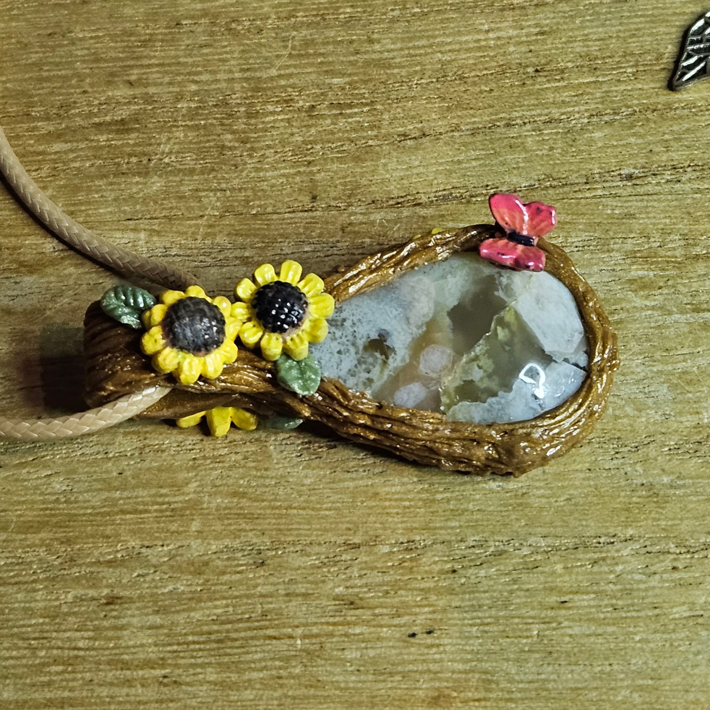 Handmade Flower Agate Butterfly & Sunflower Pendant.