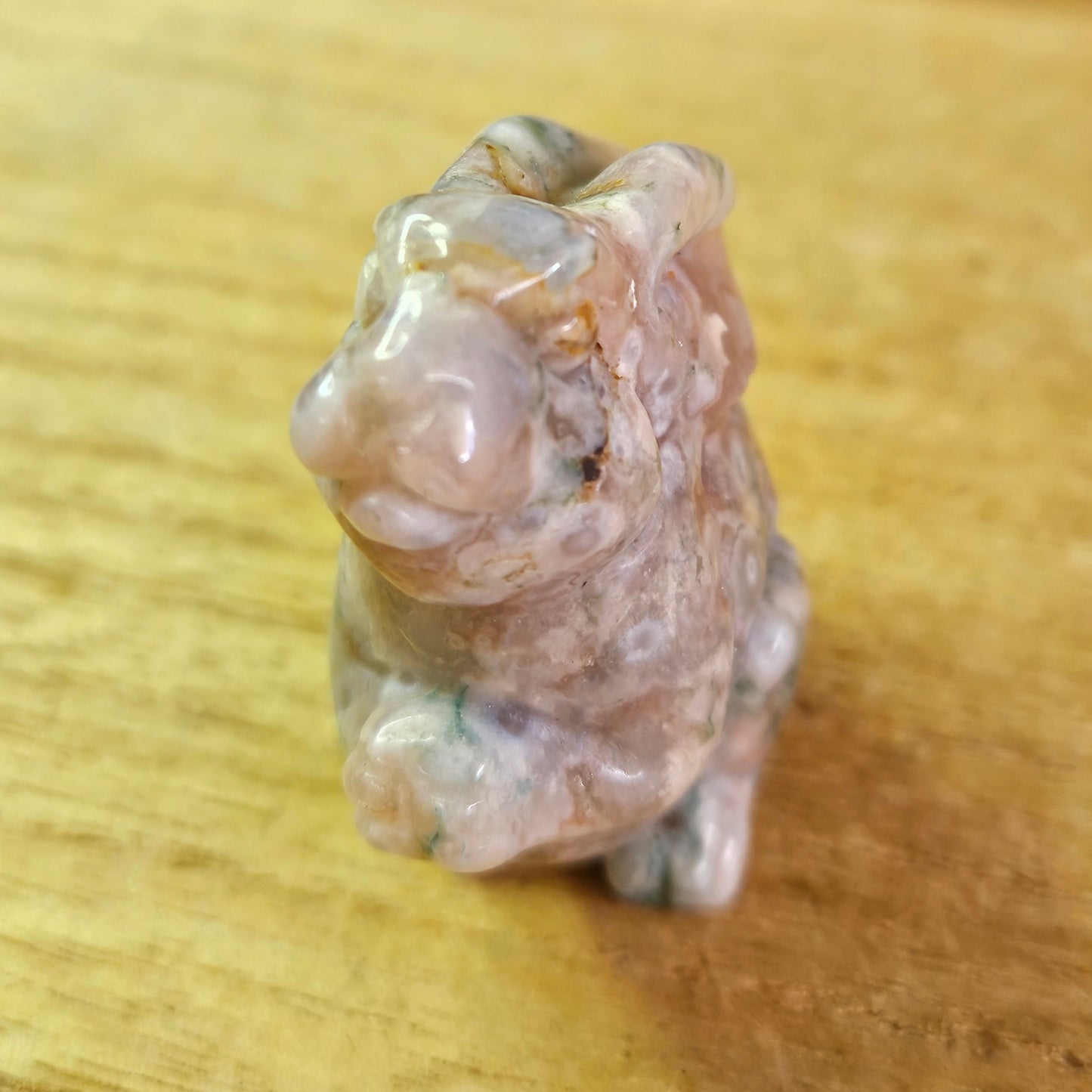 Green Flower Agate Standing Rabbit Carving.