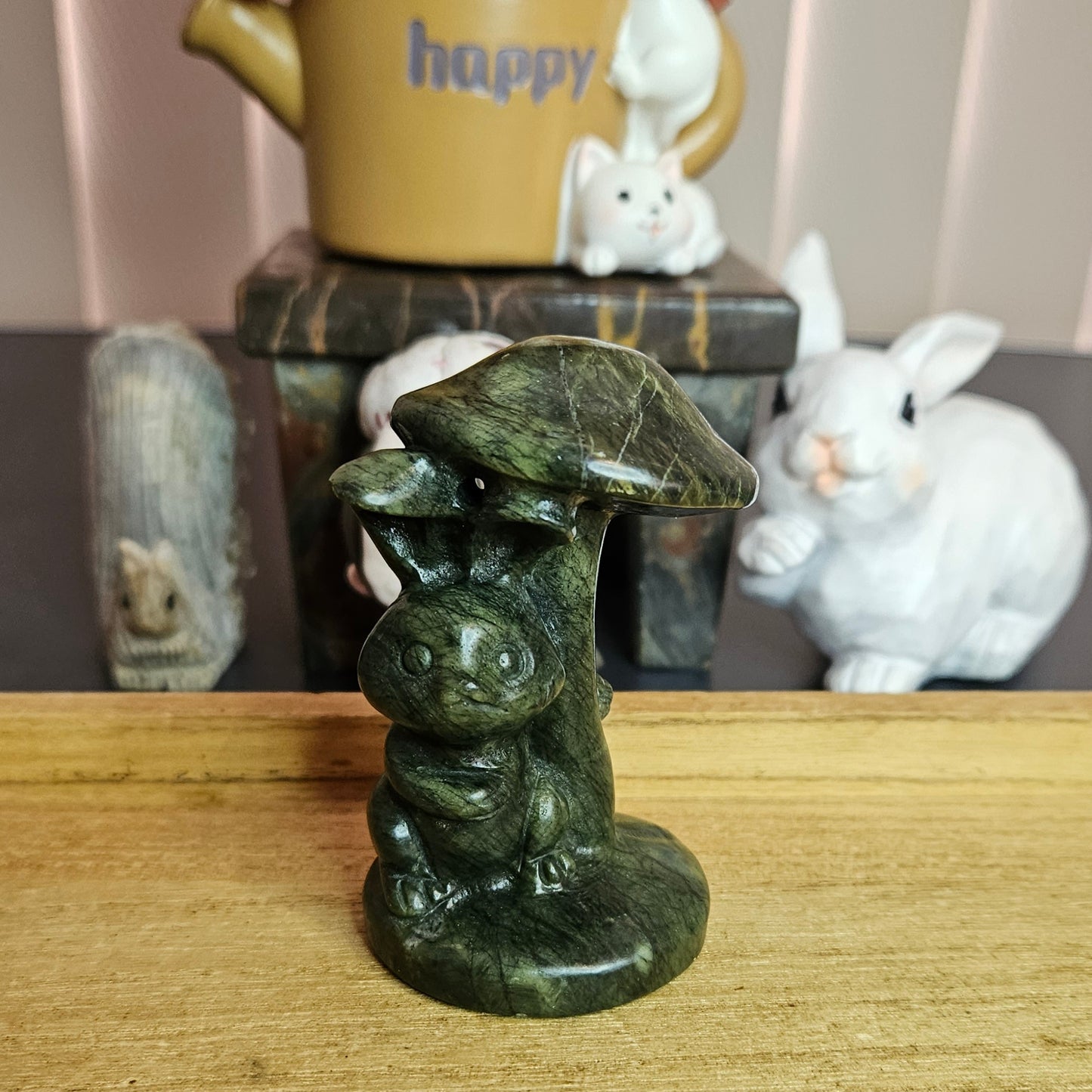 Serpentine Jade Mushroom Rabbit Carving.