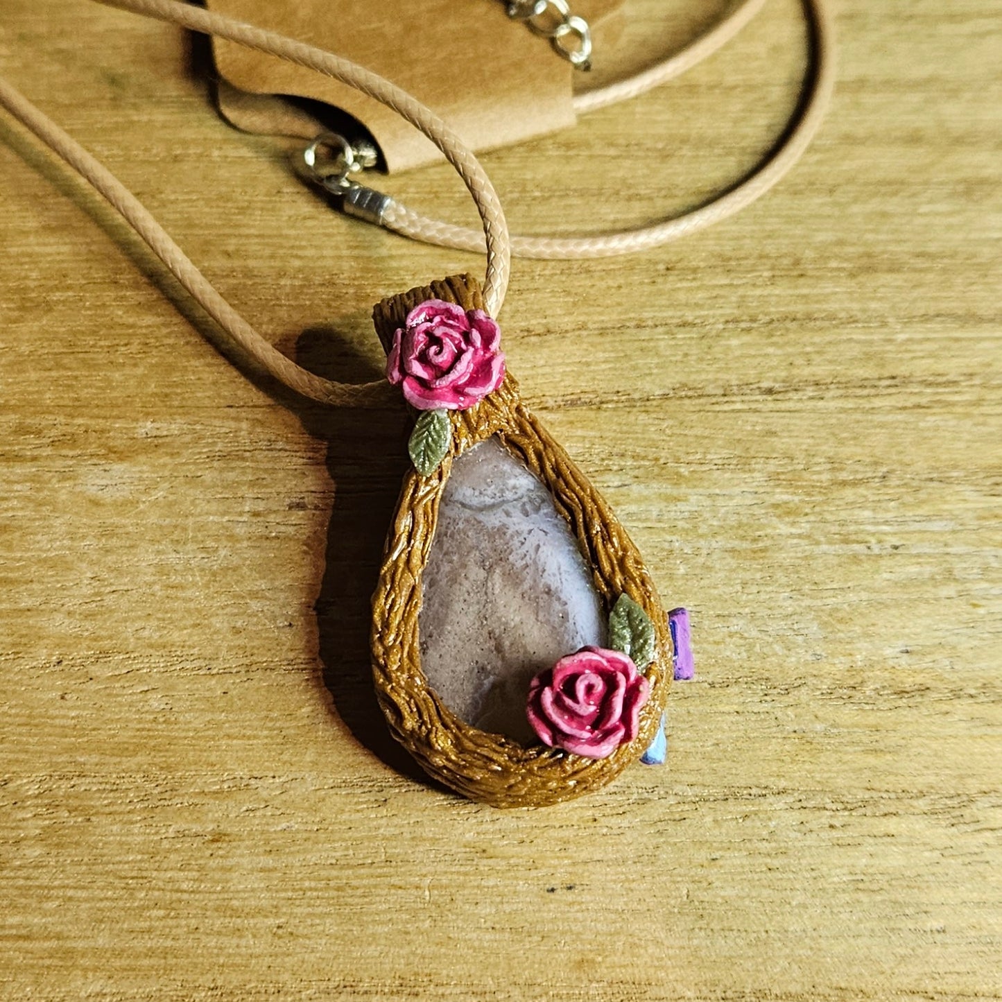 Handmade Flower Agate Butterfly & Roses Pendant.