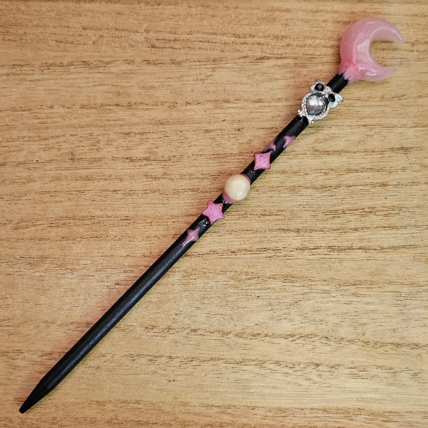 Black Moon Owl Wand. Pink Cats Eye.