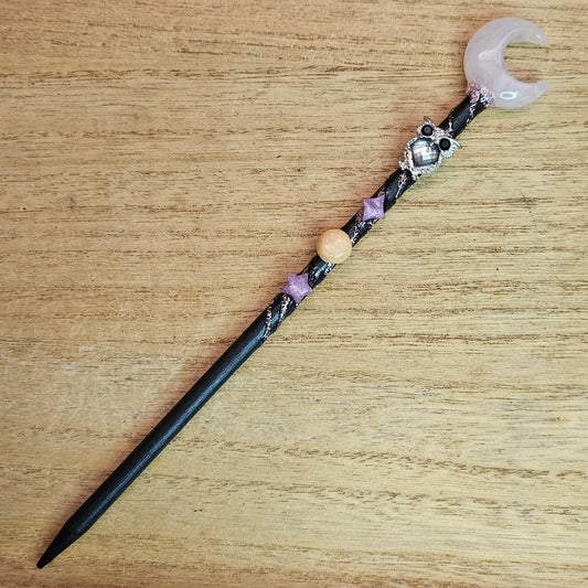 Black Moon Owl Wand. Rose Quartz.
