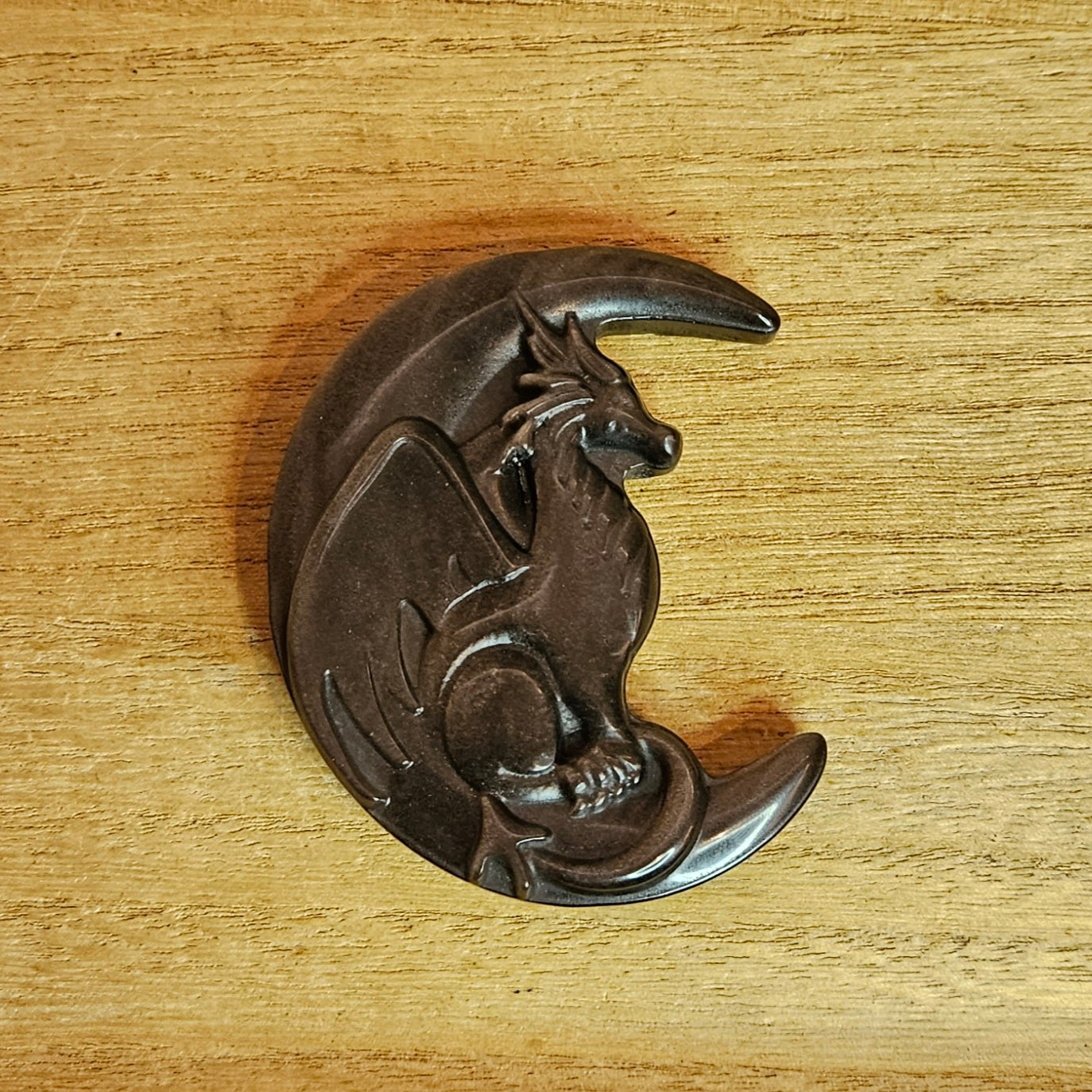 Silver Sheen Obsidian Moon Dragon Flat Carving.