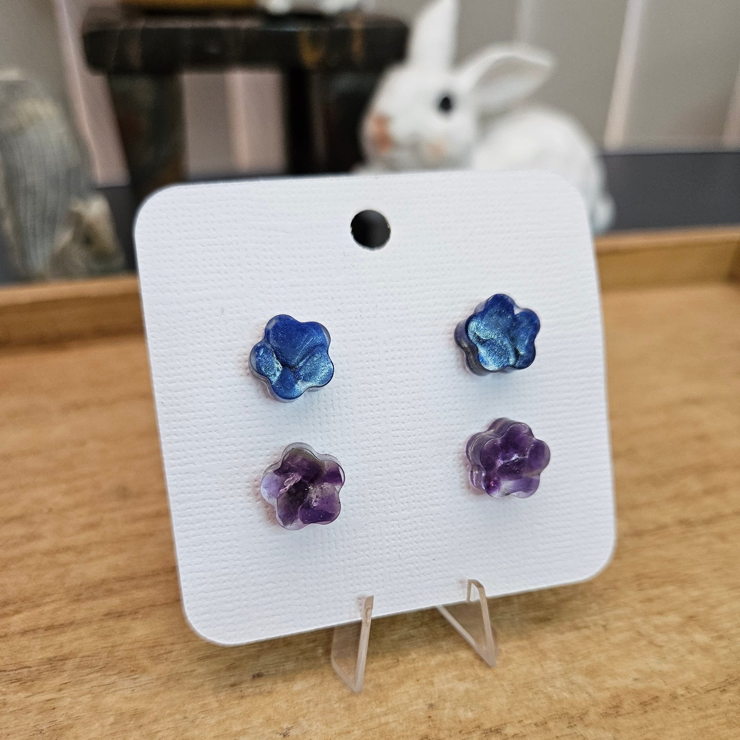 Resin Flower Stud Set. Lapis and Amethyst.