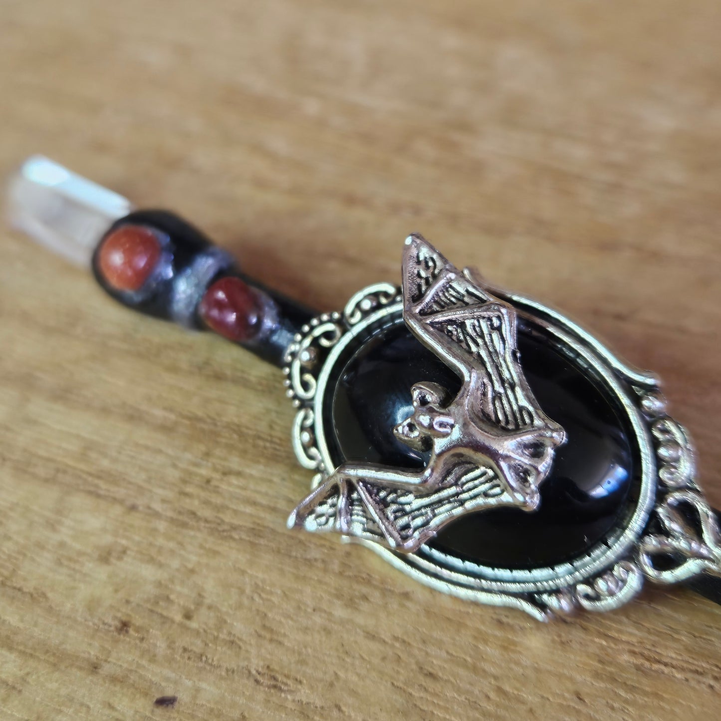 Black Bat Wand. Clear Quartz.