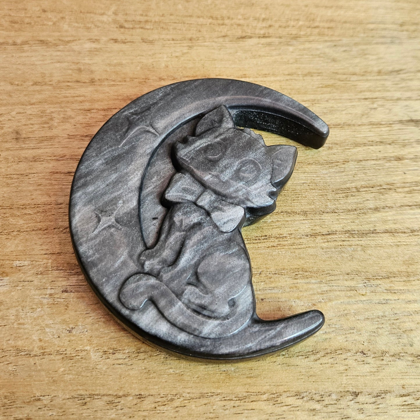 Silver Sheen Obsidian Cat Moon Flat Carving.
