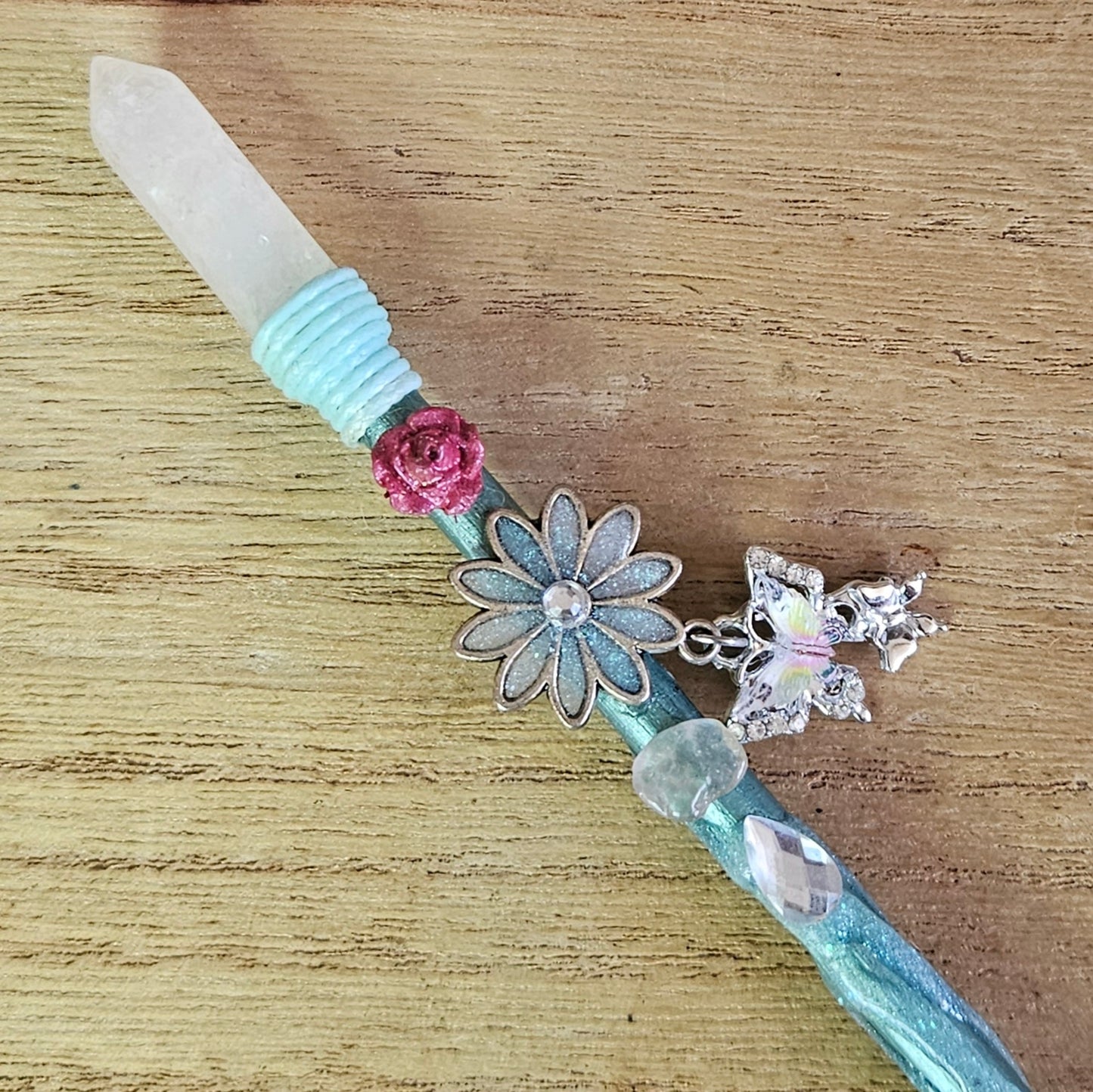 Green Butterfly & Flower Wand. Clear Quartz.