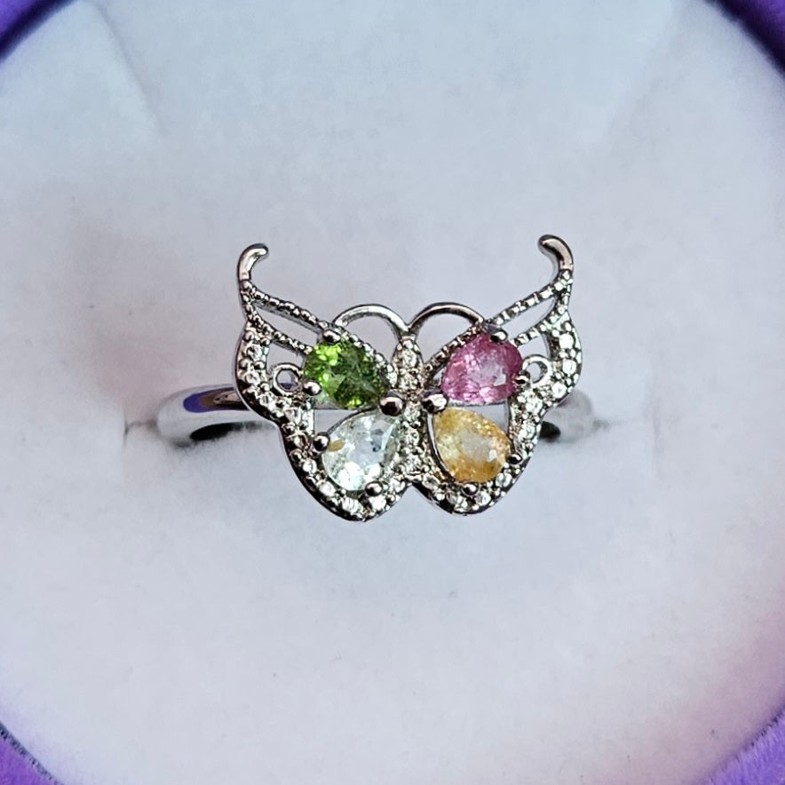 Rainbow Tourmaline Butterfly Adjustable Ring.