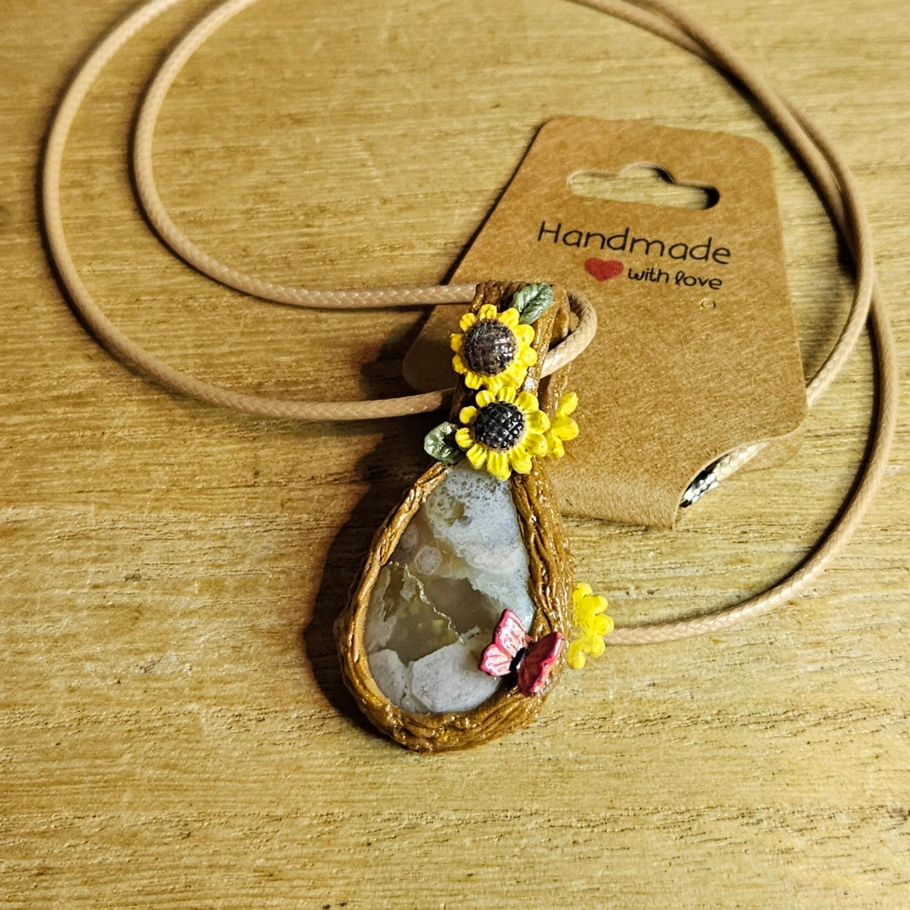 Handmade Flower Agate Butterfly & Sunflower Pendant.