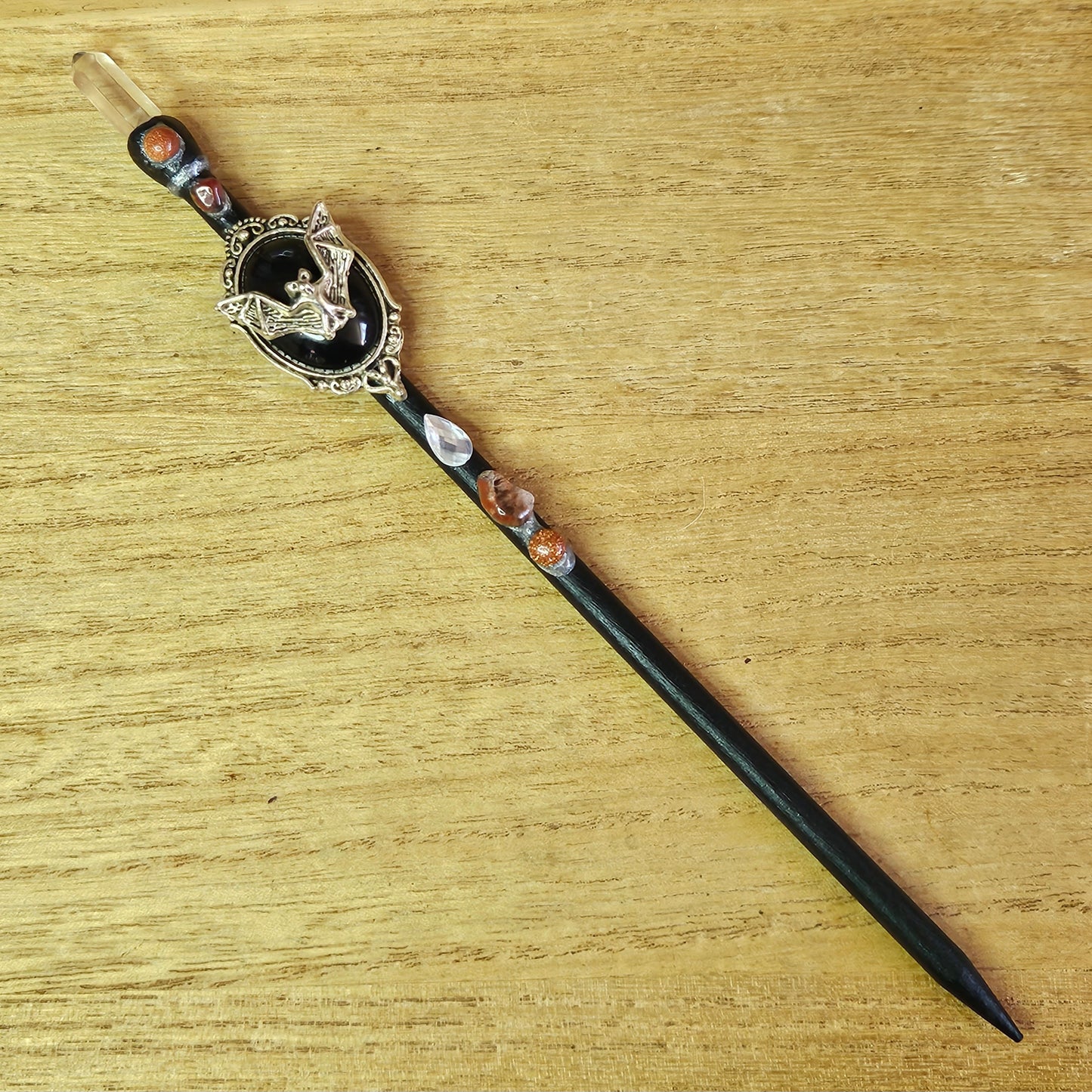 Black Bat Wand. Clear Quartz.