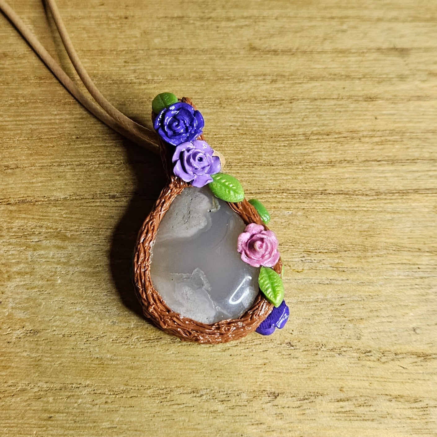 Handmade Flower Agate Butterfly & Roses Pendant.