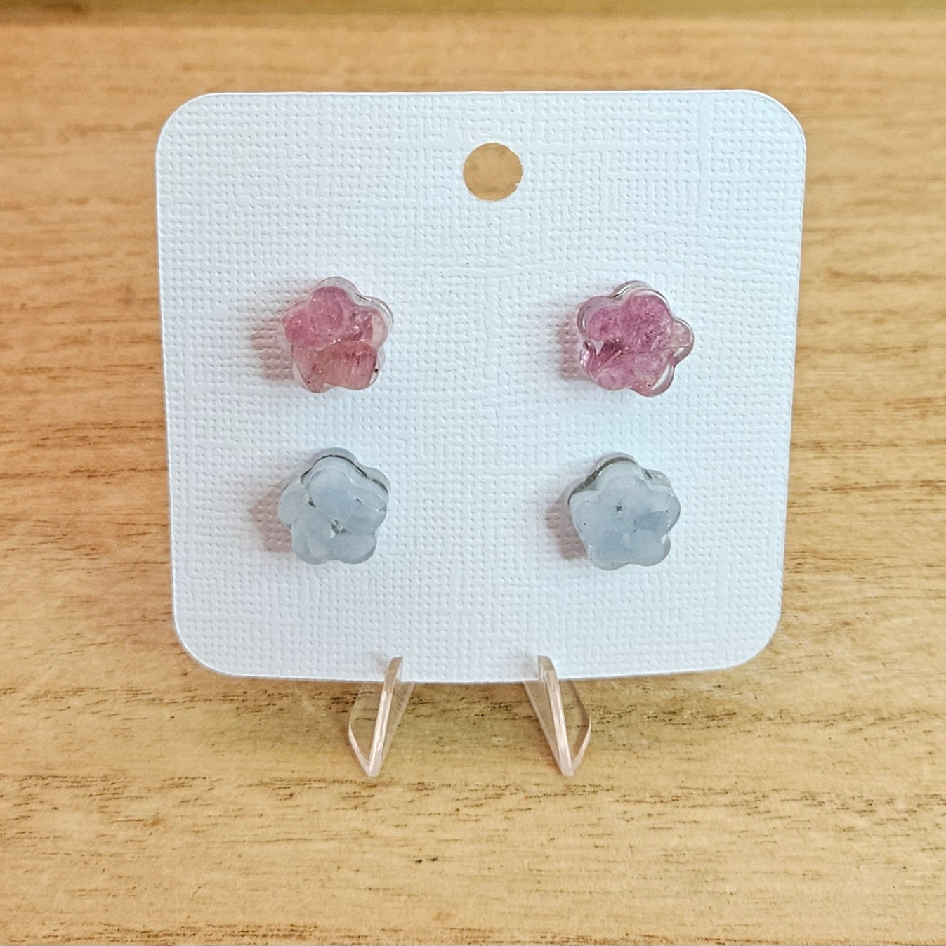 Resin Flower Stud Set. Angelite and Pink Tourmaline.